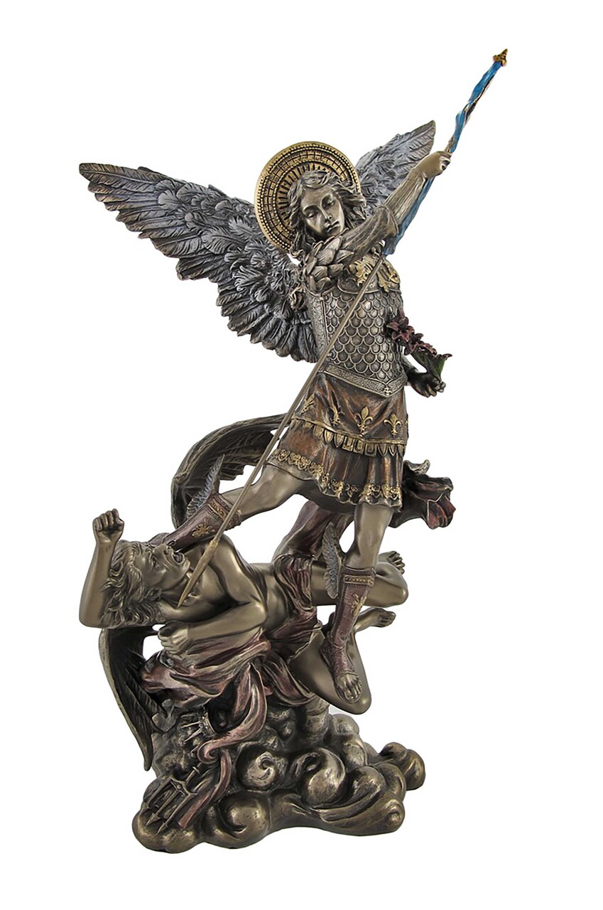 Bronze St. Michael Slaying Lucifer Statue with Colored Accents